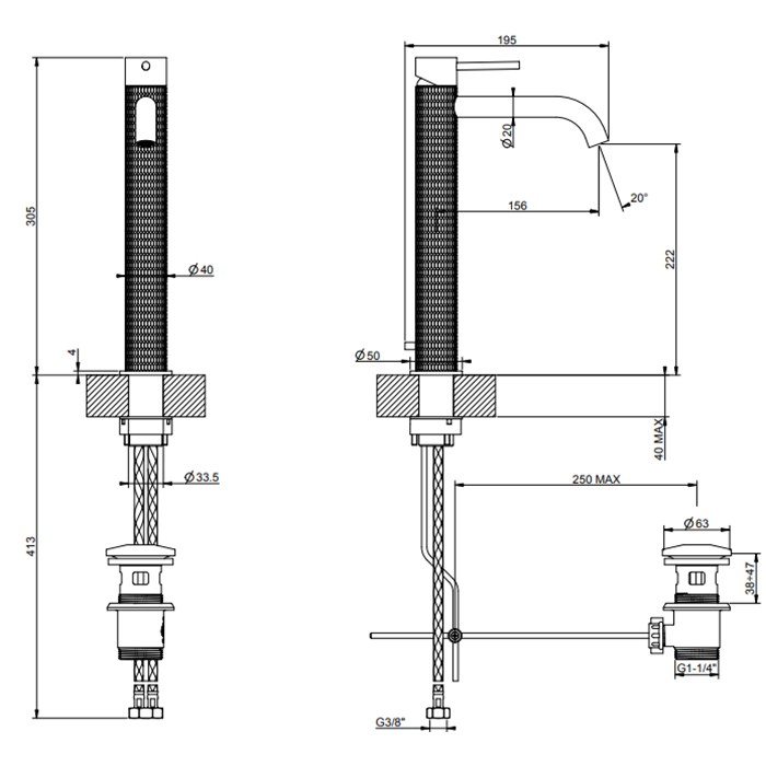 Gessi Смеситель для раковины на 1 отв., высокий h:305мм, с донным клапаном, излив: 156мм, 316, 54203#707 цвет: brushed black metal pvd