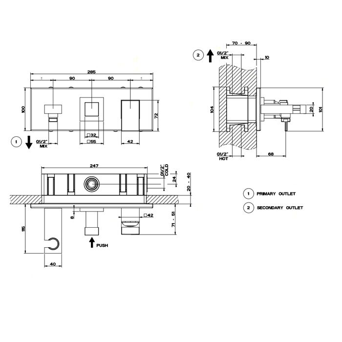 Gessi Встраиваемый смеситель с изливом, подводом воды, держателем лейки и переключателем PUSH, Rettangolo, 44910#031 цвет: хром