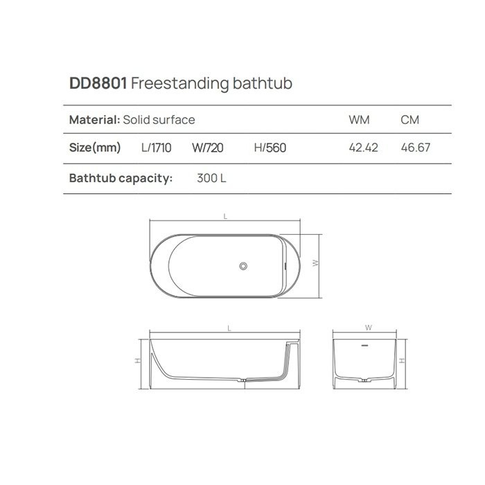 Ванна отдельностоящая 171х720хh56 см, DEA Design Stripes, белый арт. DD8803 1700 18