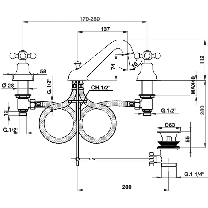 Cisal смеситель для раковины на 3 отверстия с донным клапаном ac00102027 arcana ceramic, цвет: бронза