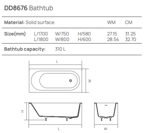 Ванна из solid surface встраиваемая 1700х750хh580 мм, Dea Design Ease, белый арт. DD8676 1700 18