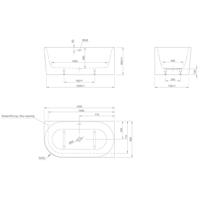 Knief ванна в правый угол 155х80х60см.,слив щелевой, без слив-перелива, Fresh XS, 0100-237-06 bi matt цвет: белый