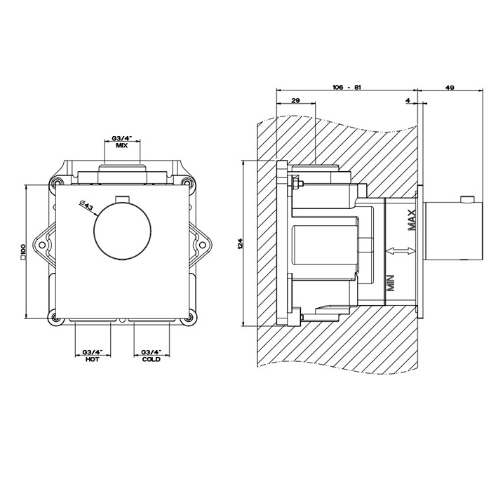 Gessi Встраиваемый термостатический смеситель на 1 источник, резьба 3/4", 316, 54554#239 цвет: steel brushed