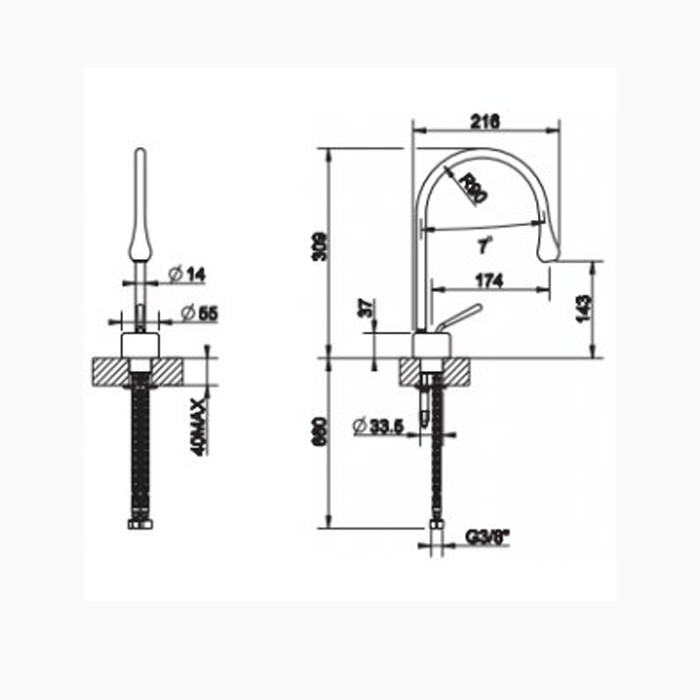 Gessi Смеситель для раковины на 1 отверстие, излив 174мм R=90, с фиксированным носиком, Goccia, 33802#299 цвет: черный