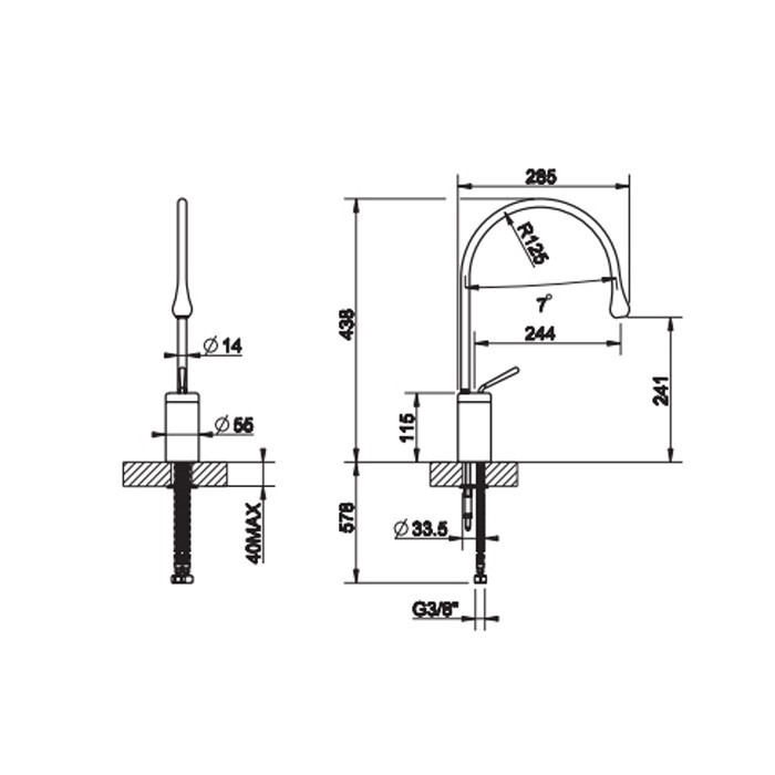 Gessi Смеситель для раковины на 1 отверстие, высокий, излив 244мм R=125, с фиксированным носиком, Goccia, 33806#031 цвет: хром