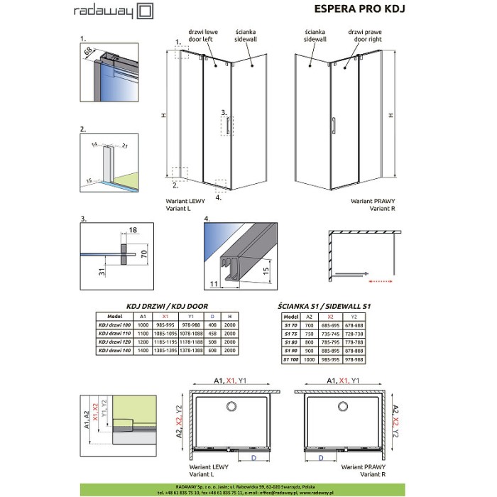 Radaway душевая стенка pro s1 90 боковая профиль хром стекло прозрачное, Espera Pro - 10093090-01-01