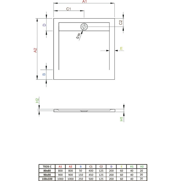 Radaway душевой поддон из искусственного камня 90x90 белый, Teos - HTC9090-04