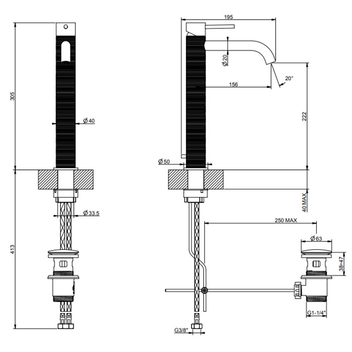 Gessi Смеситель для раковины на 1 отв., высокий, h:305мм, с донным клапаном, излив: 156мм, 316, 54303#707 цвет: brushed black metal pvd
