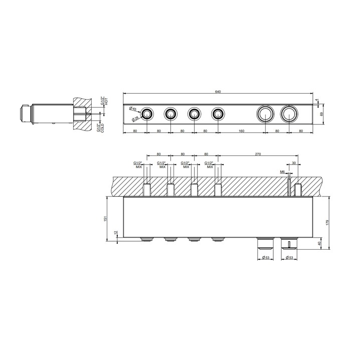 Gessi Смеситель для душа настенный встраиваемый, термостатический, с полкой, с 4 запорными кнопками, Hi Fi Eclectic, 65256#299 цвет: черный матовый