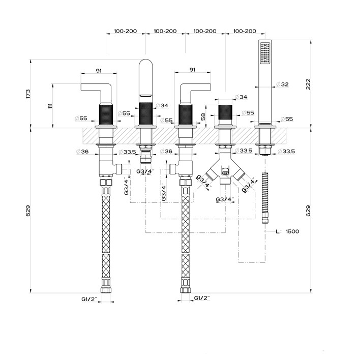 Gessi Смеситель для ванны на 5 отверстий с изливом, переключателем, ручным душем и шлангом 1,50 м, Inciso, 58040#149 цвет: finox