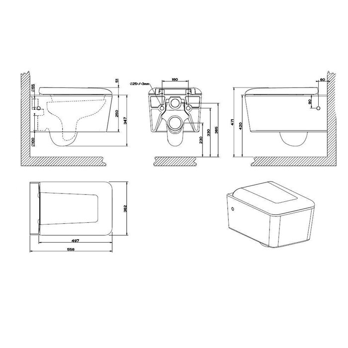 Gessi Унитаз подвесной 55.6х36.2см, в комплекте с сиденьем Soft Close, Rettangolo, 37573#518 цвет: белый