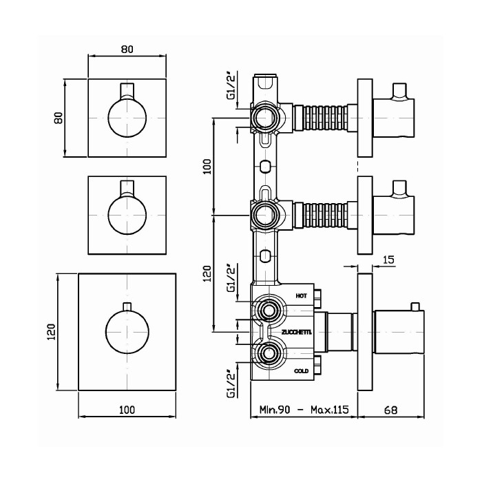 Zucchetti встроенный термостатический смеситель, 1/2”, с 2 запорными клапанами, pan, хром арт. zp8660 r97821