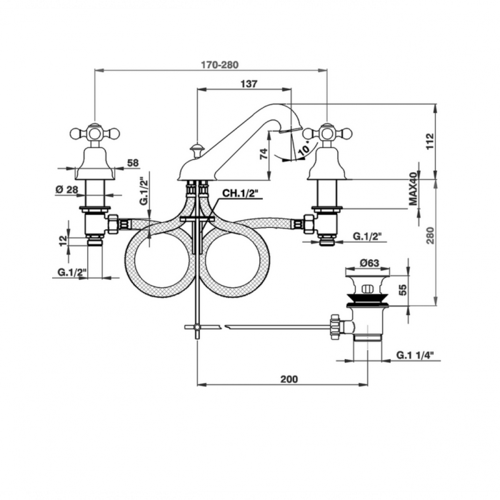 Cisal смеситель для раковины на 3 отверстия с донным клапаном ac00102024 arcana ceramic, цвет: золото