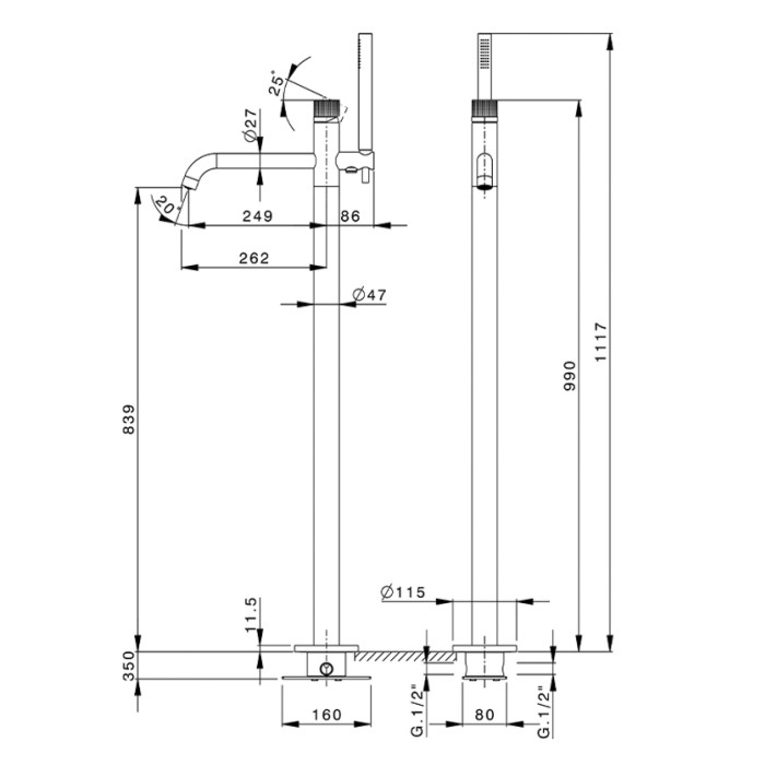 Смеситель для ванны, напольный, с ручным душем, Cisal X32, сталь арт. X1004204D1