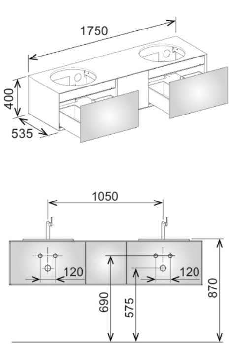 Keuco тумба под 2 умывальника 1750х400х535 мм 3 ящика фасад дуб, edition lignatur, арт. 33373 700021