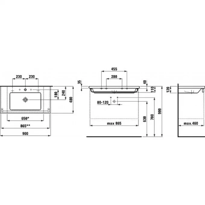 LAUFEN раковина-столешница 90х48 подрезаемая, LIVING - 8.1643.3.000.104.1