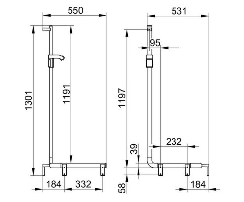 Keuco поручень вдоль стены правый 550/531/1301 мм, со штангой для душа, axess, хром арт. 35008 016601