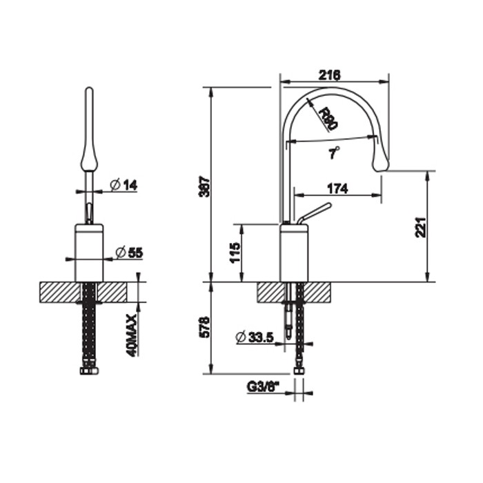 Gessi Смеситель для раковины на 1 отверстие, высокий, излив 174мм R=90, с фиксированным носиком, Goccia, 33805#031 цвет: хром