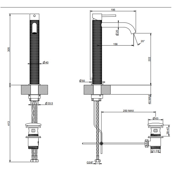 Gessi Смеситель для раковины на 1 отв., высокий, h:305мм, с донным клапаном, излив: 156мм, 316, 54403#707 цвет: brushed black metal pvd