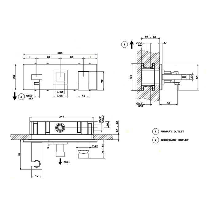Gessi Встраиваемый смеситель с изливом, подводом воды, держателем лейки и переключателем PULL, Rettangolo, 44911#031 цвет: хром