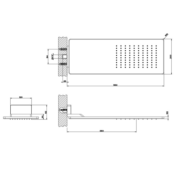 Gessi Верхний душ 550х200 мм., для настенного крепления, Rettangolo, 33095#239 цвет: steel brushed