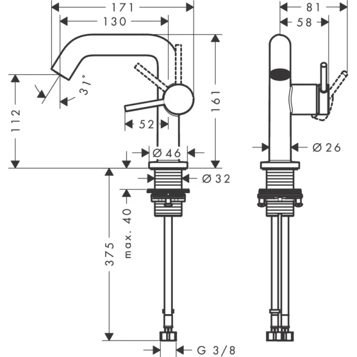 Hansgrohe смеситель для раковины с донным клапаном coolstart, Tecturis S, хром арт. 73320000