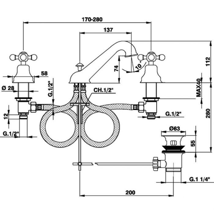 Cisal смеситель для раковины на 3 отверстия с донным клапаном ac00102021 arcana ceramic, цвет: хром