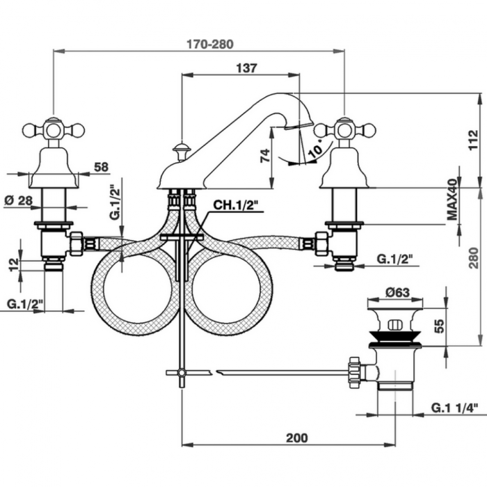 Cisal смеситель для раковины на 3 отверстия с донным клапаном ac00102021 arcana ceramic, цвет: хром