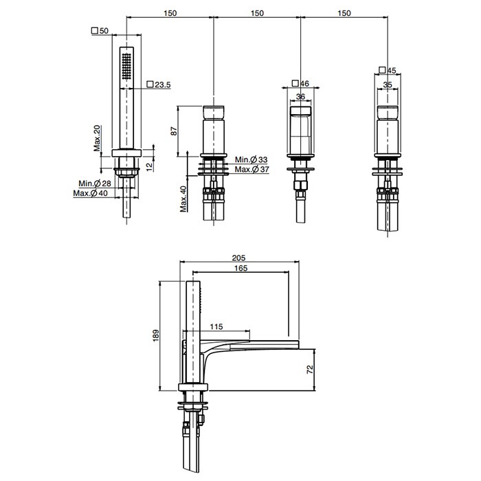 Fima Carlo Frattini смеситель на борт ванны, на 4 отв., с ручным душем, zeta, черный арт. f3974nns
