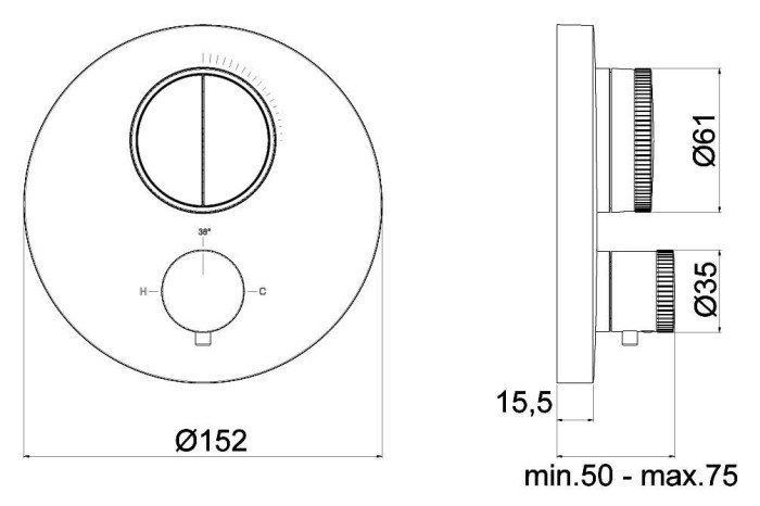 Внешняя часть встраиваемого термостатического смесителя с кнопочным управлением для 2-х потребителей, Almar Core Push Round, оружейный металл арт. E176632.GM