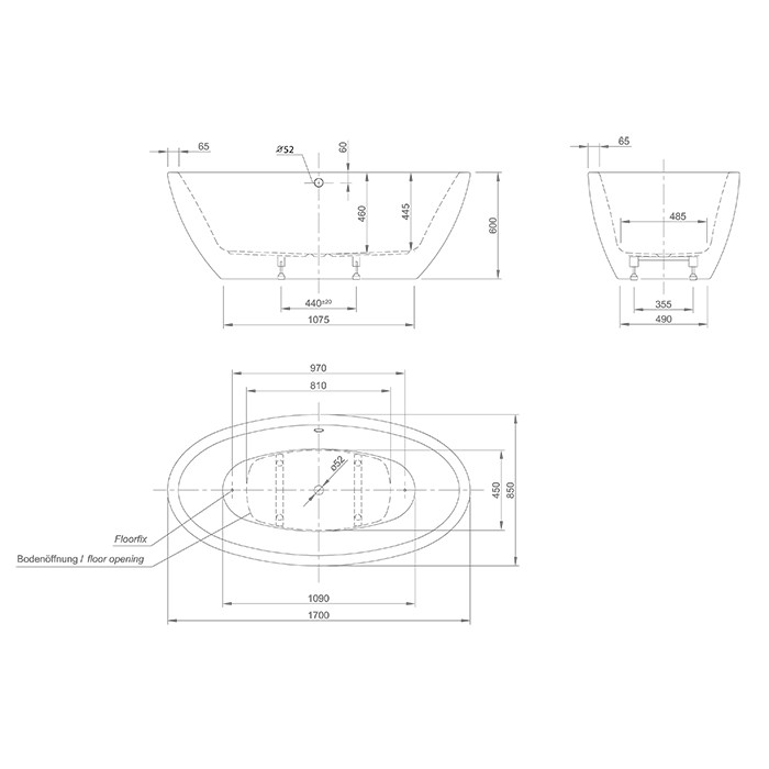 Knief ванна отдельностоящая 170х85х60см.,без слива-перелива, c комплектом крепления к полу, Loom XS, 0100-058 цвет: белый
