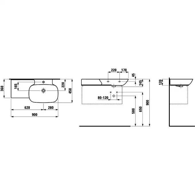LAUFEN раковина 90x45 полочка справа, INO SAPHIR KERAMIK - 8.1330.2.000.104.1