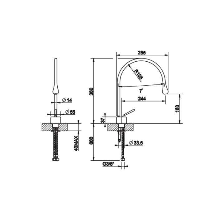 Gessi Смеситель для раковины на 1 отверстие, излив 244мм R=125, с фиксированным носиком, Goccia, 33803#299 цвет: черный