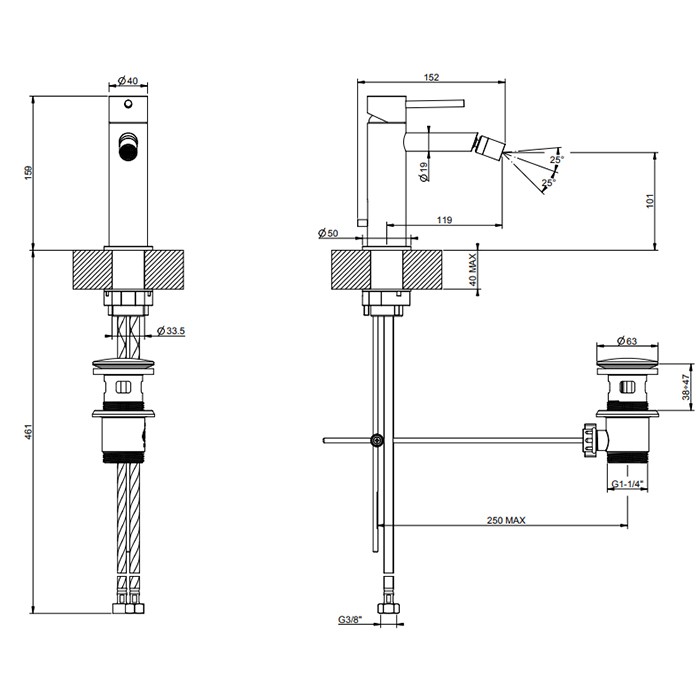 Gessi Смеситель для биде на 1 отв. с донным клапаном, излив: 118мм, 316, 54007#299 цвет: black xl