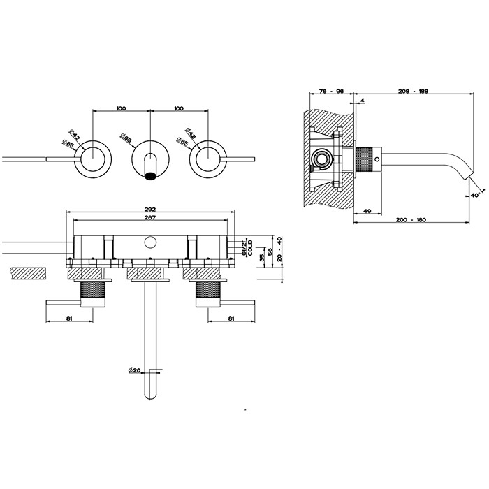 Gessi Встраиваемый смеситель для раковины на 3 отв., излив: 200-180мм, 316, 54494#707 цвет: brushed black metal pvd