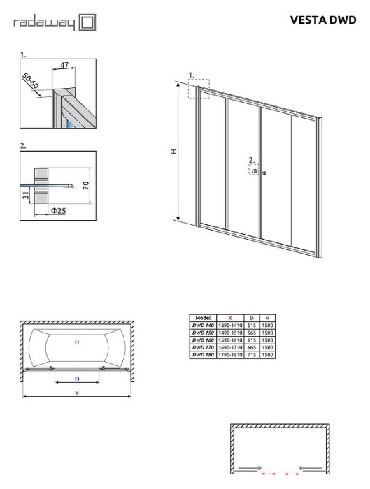 Radaway шторка на ванну dwd 160 профиль хром стекло прозрачное, Vesta - 203160-01