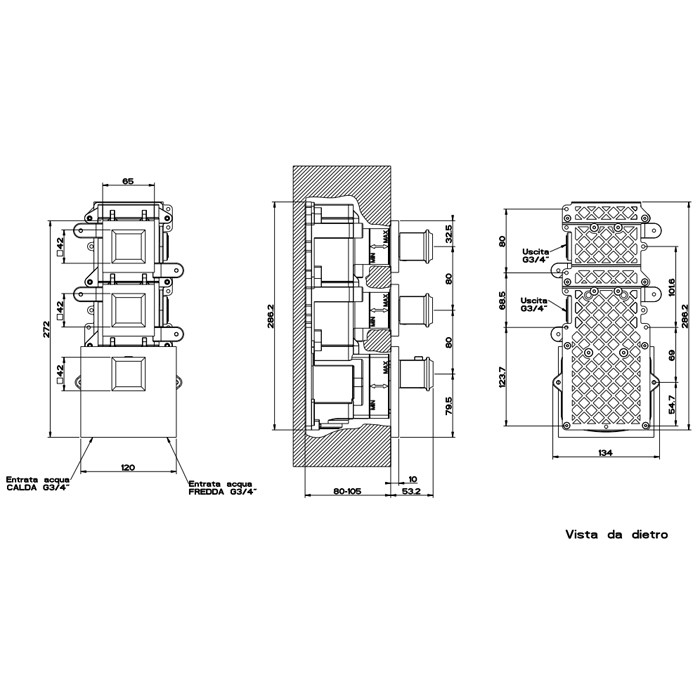 Gessi Встраиваемый термостатический смеситель, подключение на 3/4”, с 2мя независимыми выходами, Eleganza, 46224#031 цвет: хром