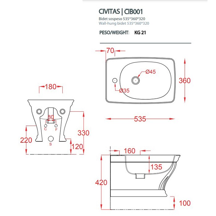 Биде подвесное 36х54 см, 1 отверстие, Artceram Civitas, CIB001 02 00 цвет: бежевый