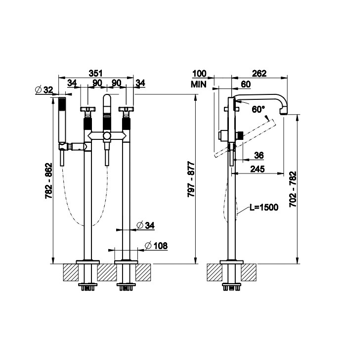 Gessi Напольный смеситель для ванны с ручным душем), Inciso, 58129#031 цвет: хром