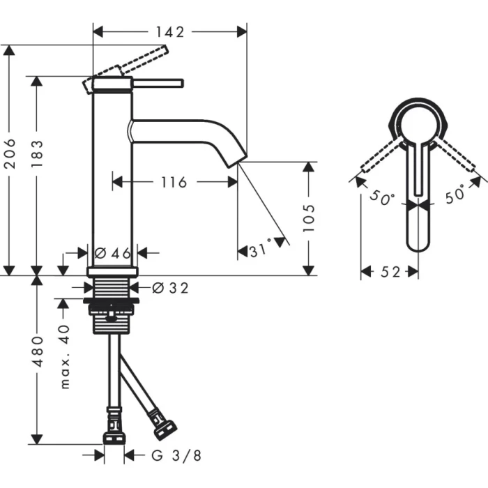 Hansgrohe смеситель для раковины без донного клапана, Tecturis S, бронза арт. 73311140