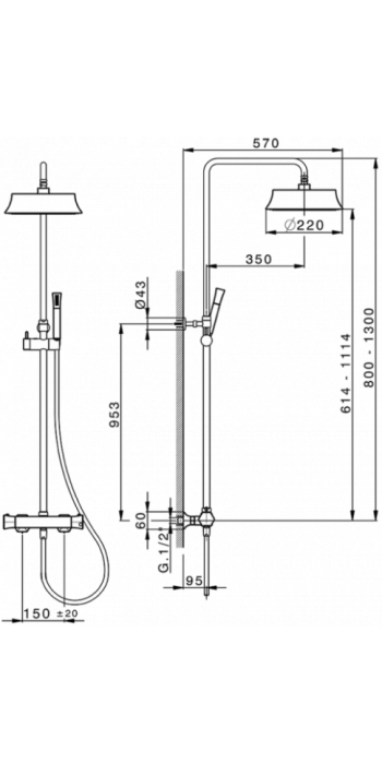 Cisal душевой гарнитур : термостатический смеситель, стойка с верхним душем, лейка, шланг cec8201024 cherie, цвет: хром