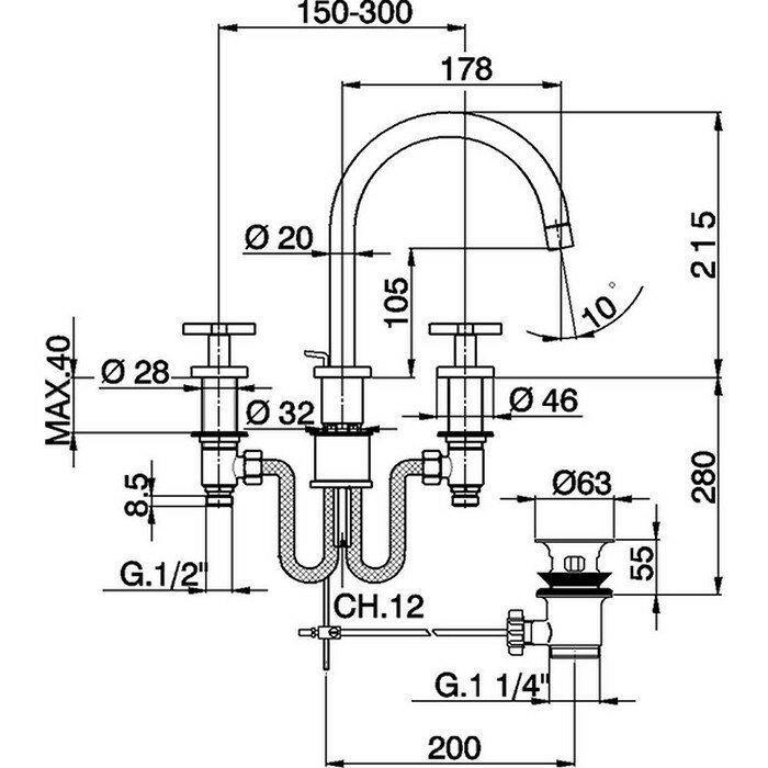 Cisal смеситель для раковины на 3 отверстия с донным клапаном bq00107021 barcelona quad, цвет: хром