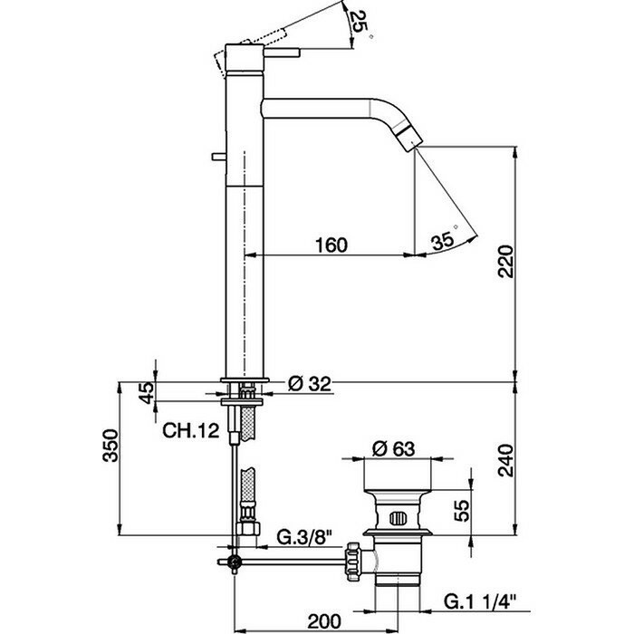 Cisal смеситель однорычажный для раковины на 1 отверстие, высокий h220 мм, излив 160 мм,с донным клапаном lm00152021 less minimal, цвет: хром