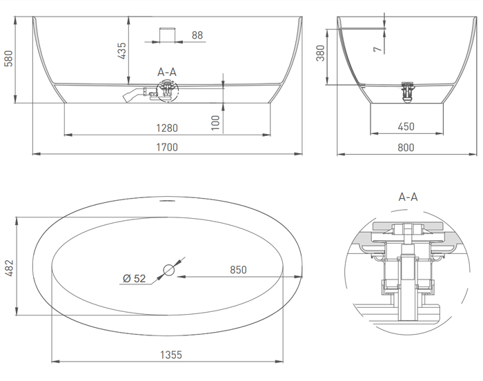 Salini ванна отдельностоящая 170x80, alda, 101922mrf цвет: матовый белый