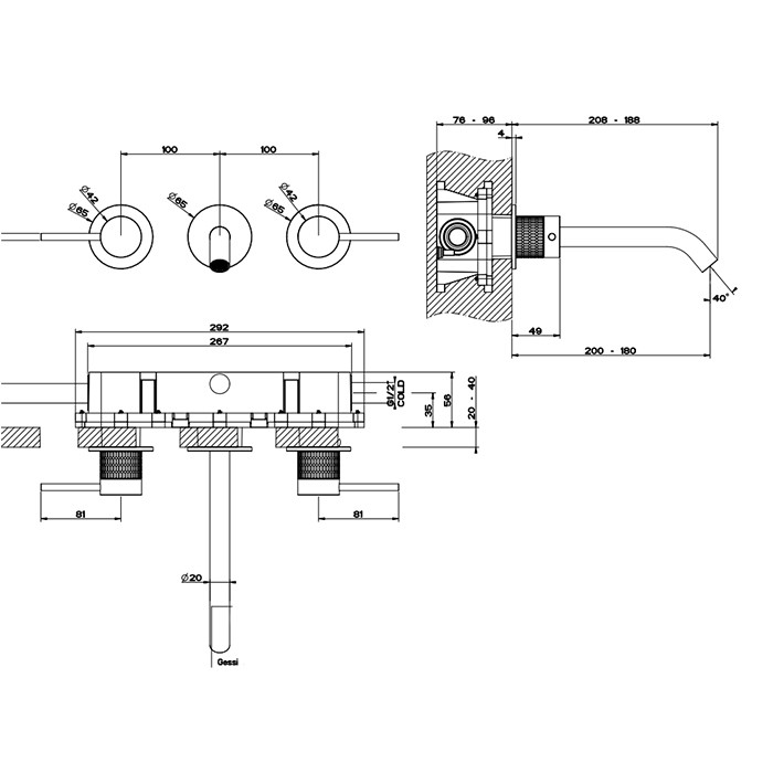 Gessi Встраиваемый смеситель для раковины на 3 отв., излив: 200-180мм, 316, 54294#707 цвет: brushed black metal pvd