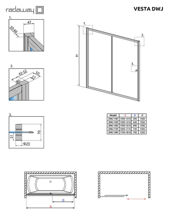 Radaway шторка на ванну dwj 170 профиль хром стекло прозрачное, Vesta - 209117-01-01