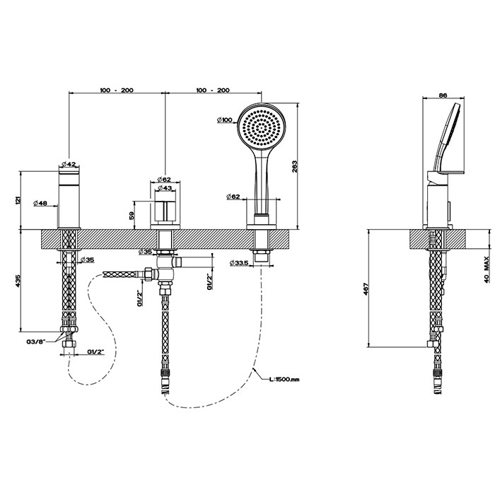 Gessi Смеситель для ванны, на 3 отв., наполнение через слив-перелив, лейка, Emporio Via manzoni, 38643#149 цвет: finox brushed nickel