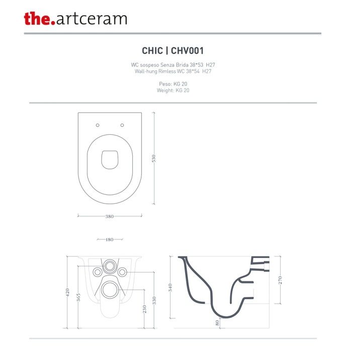 Унитаз подвесной Rimless 38х53 см, bronze amani, Art Ceram Chic арт. CHV001 49 00