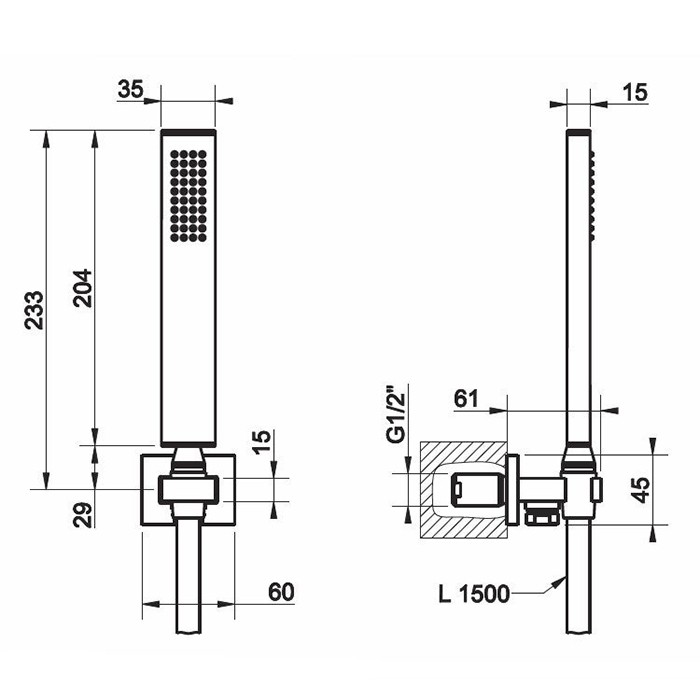 Gessi Душевой комплект: вывод на 1/2”, держатель, шланг 1,5м и душевая лейка, Rettangolo, 20123#299 цвет: black xl