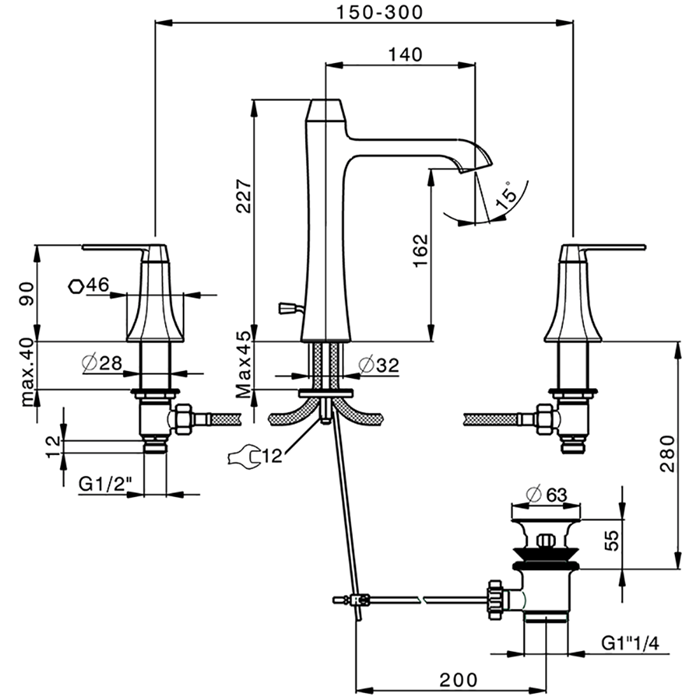Cisal смеситель для раковины на 3 отверстия с донным клапаном cf0010607e cherie, цвет: розовое золото
